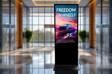 Infostelen: Die Lösung für moderne Werbung Eine interaktive Digital Signage Stele mit einem eleganten, modernen Design, die lebendige Inhalte auf einem hochauflösenden Bildschirm präsentiert. Die Stele ist in einem kommerziellen Umfeld positioniert und unterstreicht ihr Potenzial für Kundeneinbindung und Informationsdarstellung.