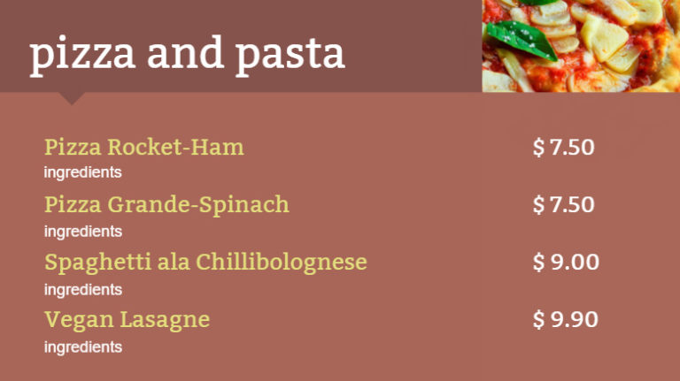 Italian food digital menu board