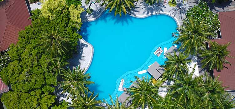 drone footage of a hotel swimming pool