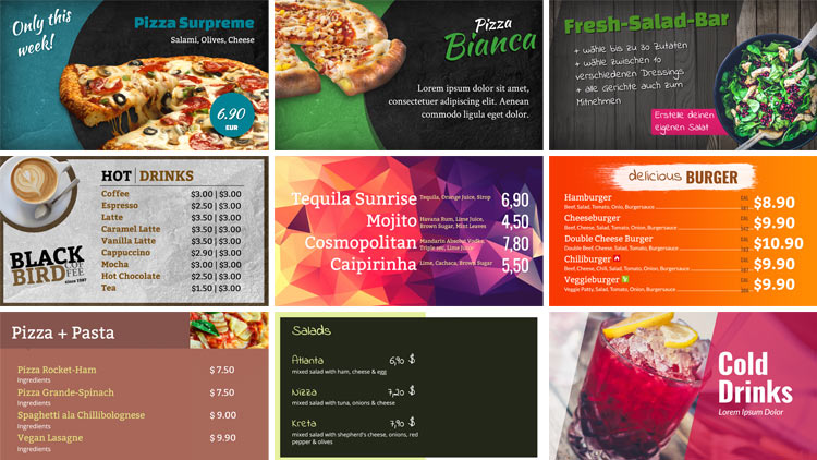 Variety of different digital menu boards.