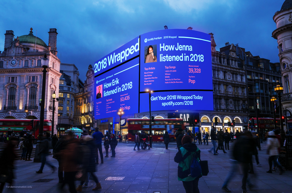 Spotify uses outdoor digital signage to highlight their customer's playlists.