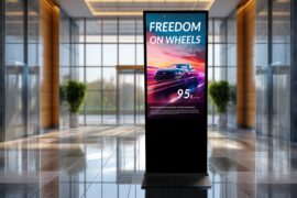 An interactive digital signage stele with a sleek, modern design, showcasing vibrant content on a high-resolution screen. The stele is positioned in a commercial space, highlighting its potential for customer engagement and information display